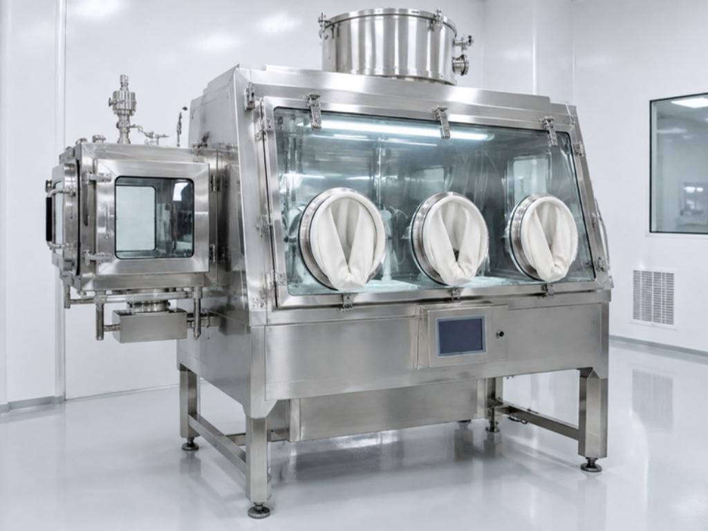 Stainless-steel aseptic isolator with three glove ports, a viewing window and a side material transfer chamber