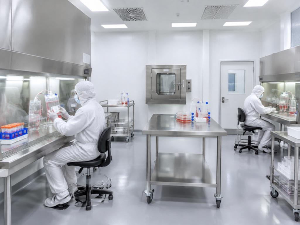 Operators in cleanroom coveralls working at biosafety cabinets in a cell-processing cleanroom with a pass box and stainless tables