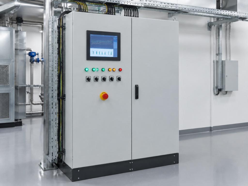 Cleanroom HVAC control panel with a touchscreen HMI, indicator lamps, selector switches and an emergency stop button