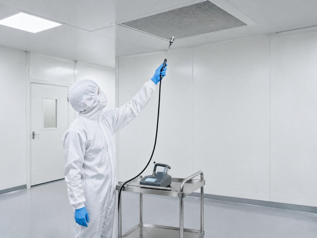 Technician in a cleanroom coverall holding a particle counter probe beneath a ceiling HEPA filter during validation testing