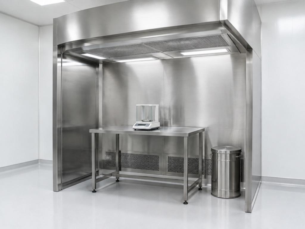 Stainless-steel dispensing booth with ceiling filter canopy, a weighing balance on a stainless table and low-level return grilles