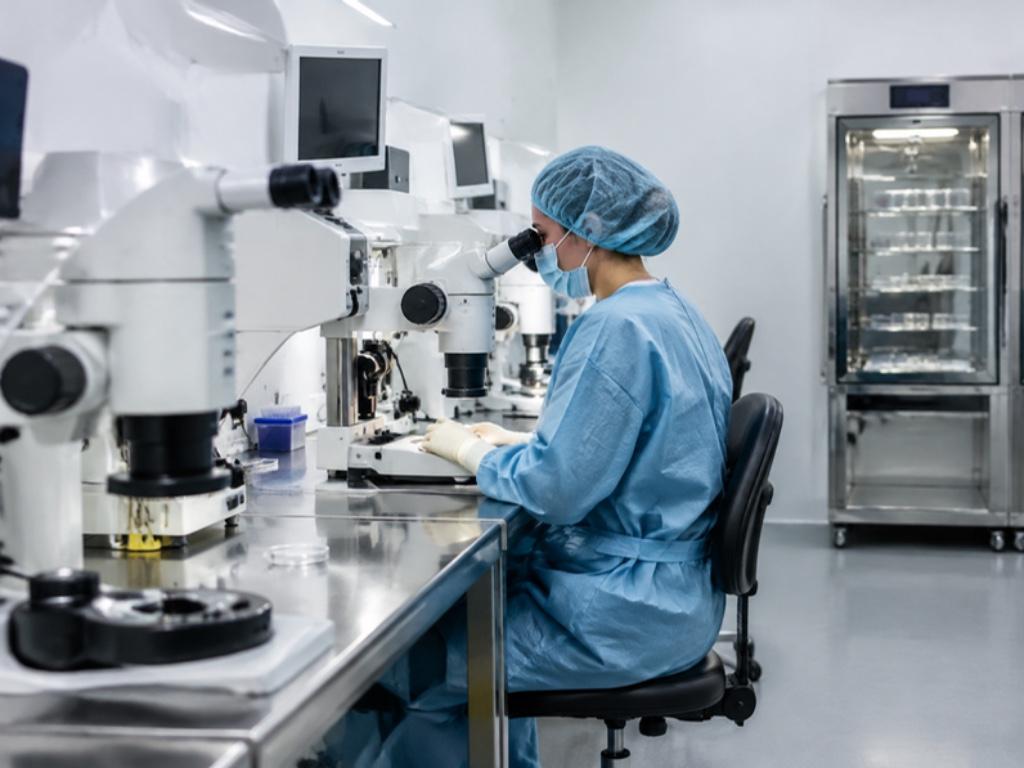 Embryologist in cap, mask and gown at a stereo microscope in an IVF laboratory with workstations and an incubator
