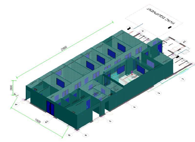 3D isometric model of a cleanroom suite layout with dimensioned rooms, doors and observation windows