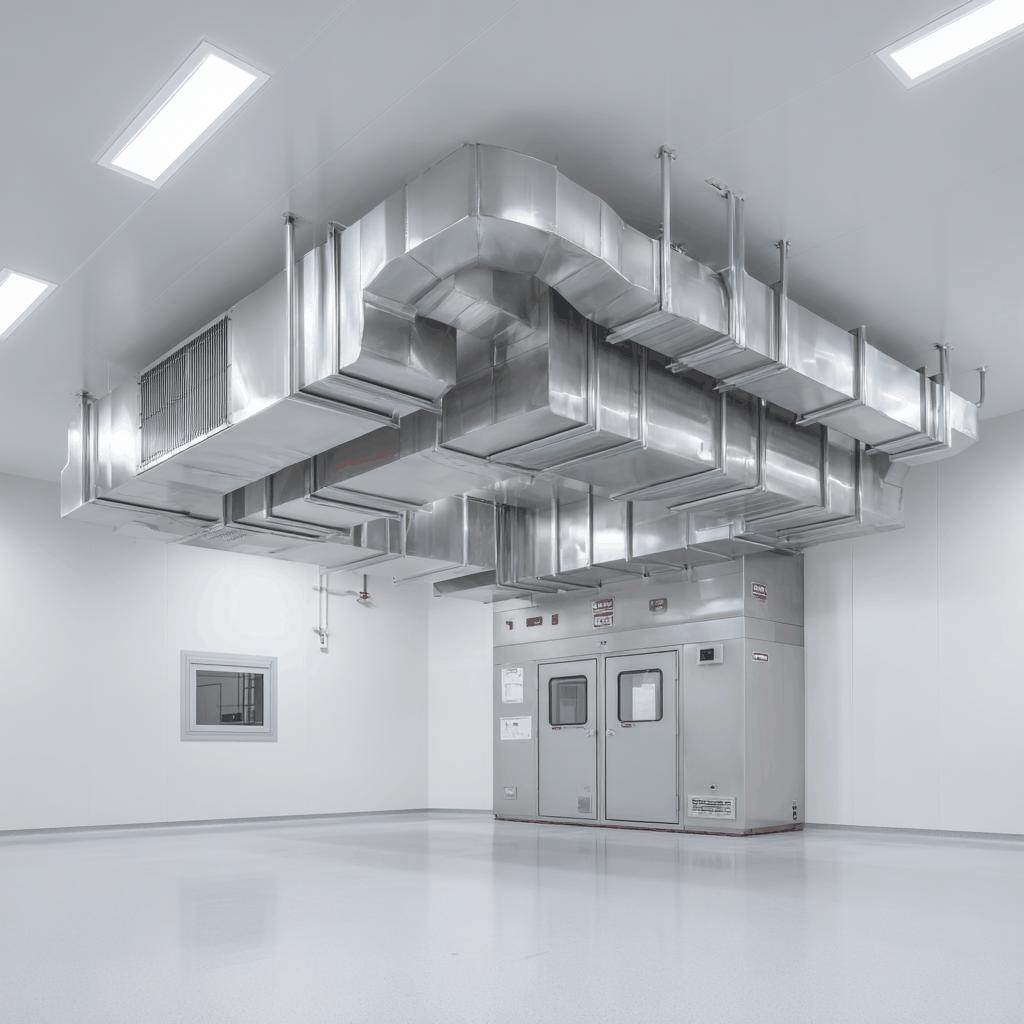 Rectangular galvanised supply ducting suspended above a cleanroom with a stainless-steel pass-through