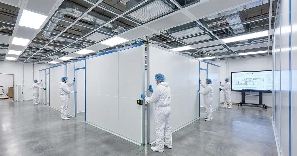 Technicians in cleanroom garments erecting modular cleanroom wall panels