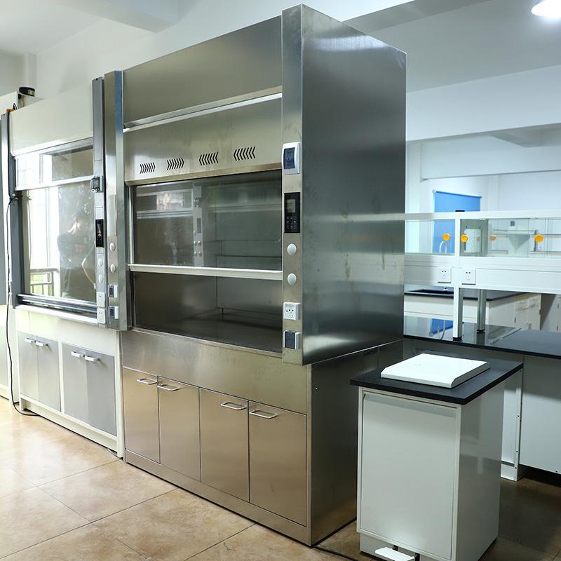 Stainless-steel chemical fume hood with glass sash and under-bench storage